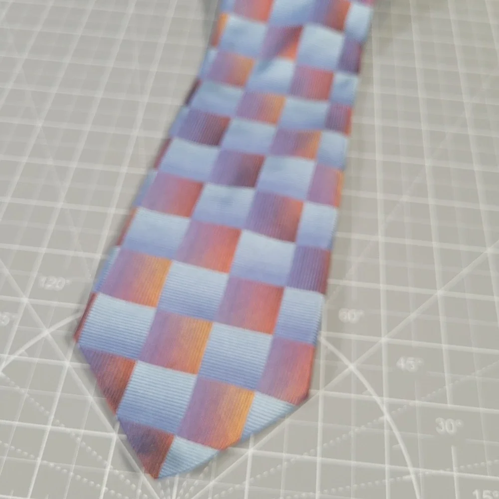 Ted Baker Necktie Blue Gold Squares 100% Silk Wide Heavyweight Made USA